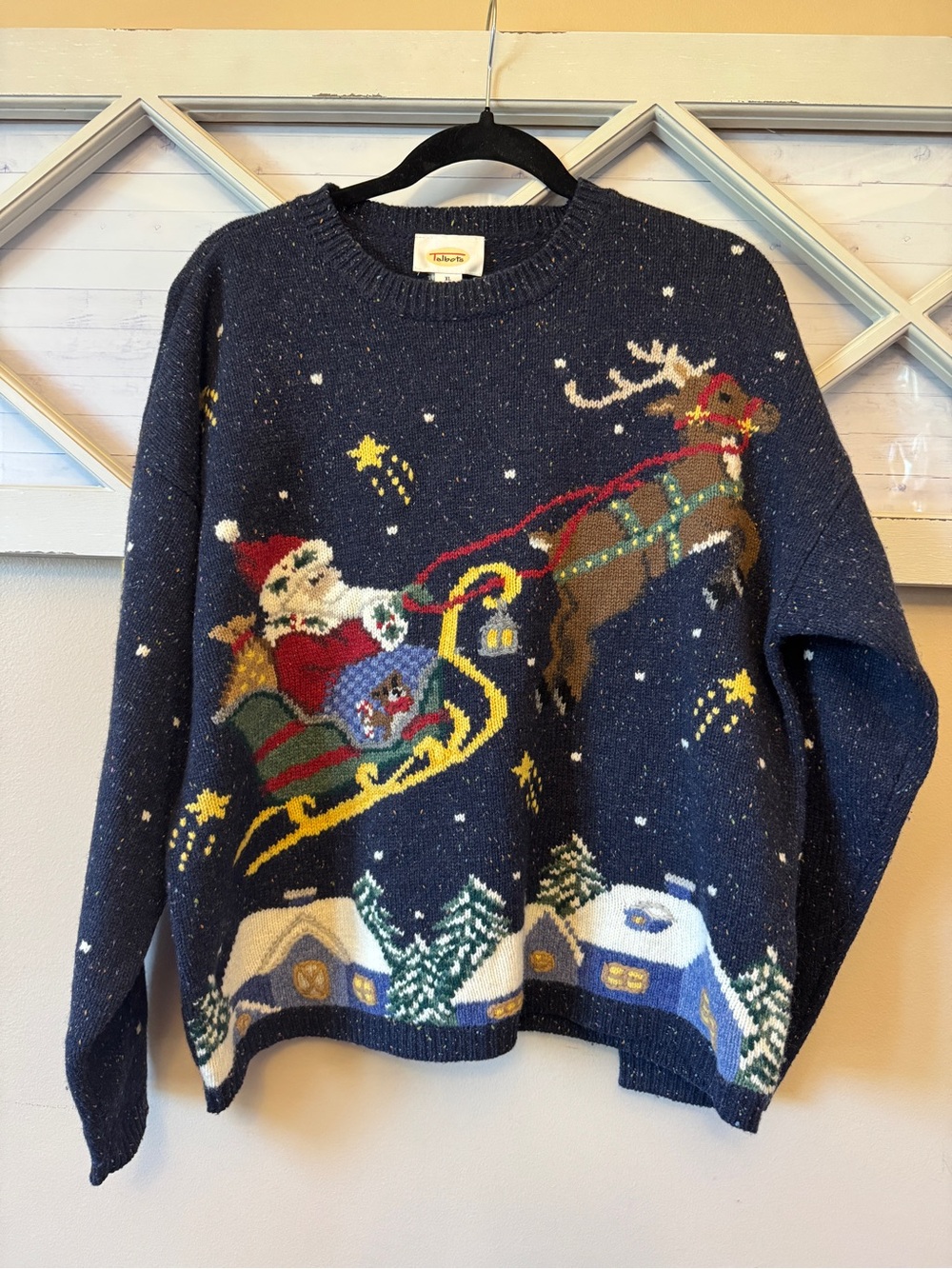 Talbots Vintage Lambswool Santa Christmas Sweater XL wool reindeer holiday
